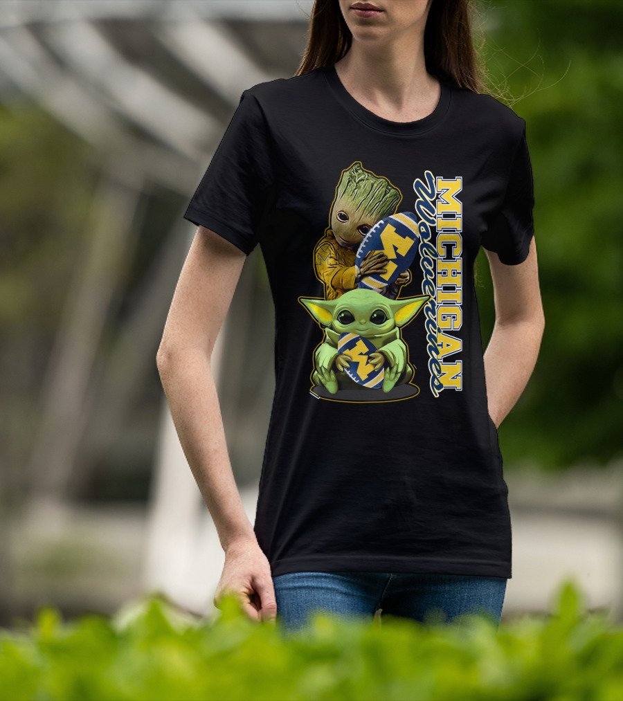 Michigan Wolverines Grogu And Groot Football T-Shirt