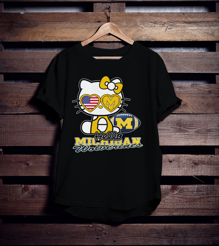 Hello Kitty Michigan Wolverines American Flag Football T-Shirt