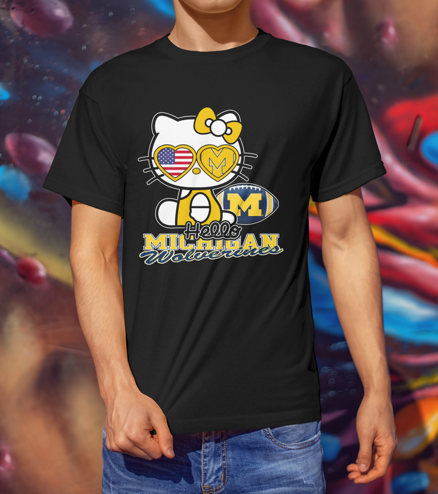 Hello Kitty Michigan Wolverines American Flag Football T-Shirt