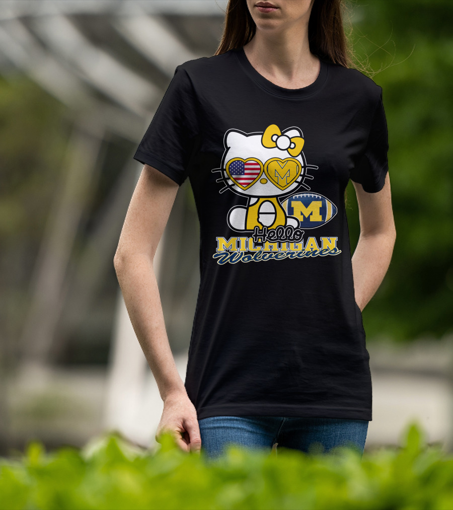 Hello Kitty Michigan Wolverines American Flag Football T-Shirt