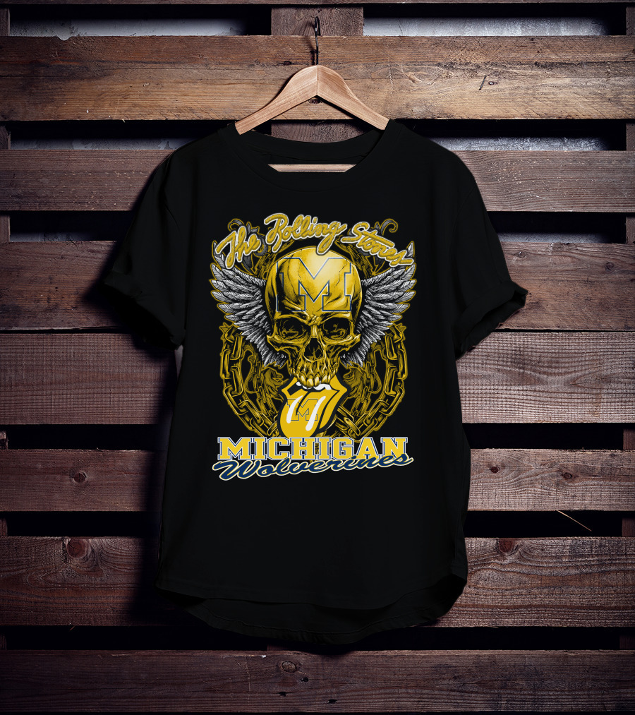 The Rolling Stones Michigan Wolverines Skull With Winged Helmet And Classic Tongue T-Shirt