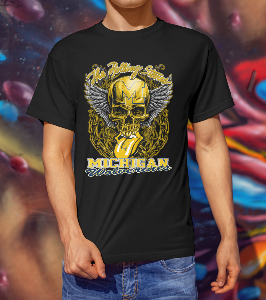 The Rolling Stones Michigan Wolverines Skull With Winged Helmet And Classic Tongue T-Shirt