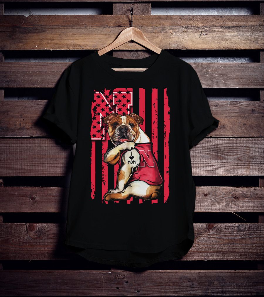 Bulldog I Love Mom Nebraska Cornhuskers N Flag Stars T-Shirt