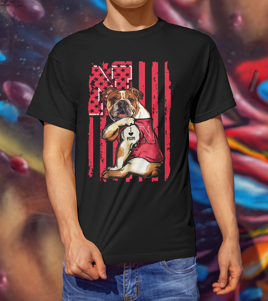 Bulldog I Love Mom Nebraska Cornhuskers N Flag Stars T-Shirt