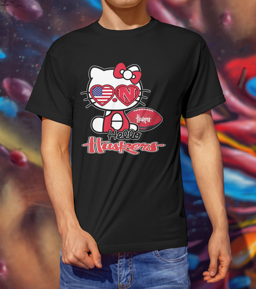 Hello Kitty Huskers Nebraska Football Heart Flag T-Shirt