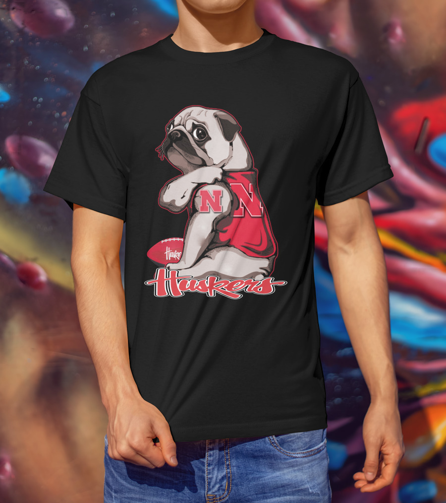 Pug Wearing Nebraska Cornhuskers Shirt And Football Huskers T-Shirt