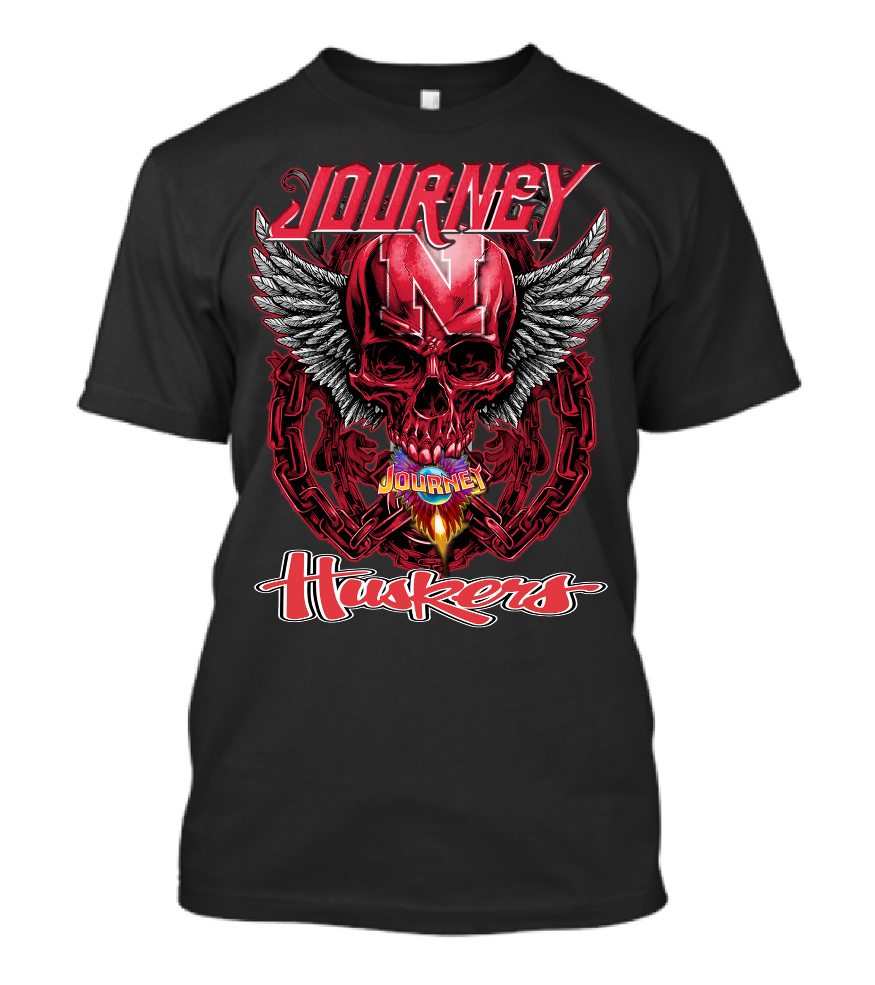 Journey Nebraska Cornhuskers Huskers Skull Winged Flame T-Shirt