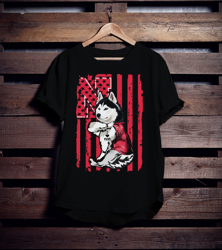 Siberian Husky Nebraska Cornhuskers I Love Mom American Flag T-Shirt