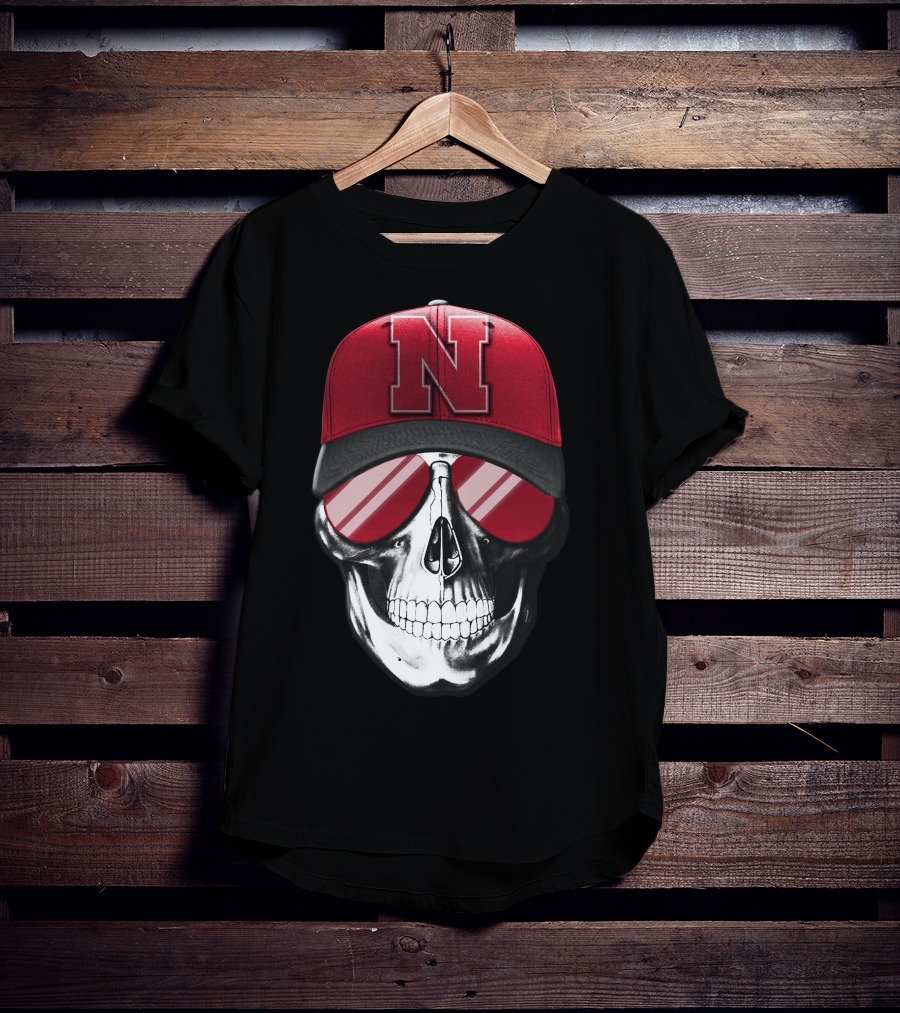 Skull Wearing Nebraska Cornhuskers Red N Cap With Sunglasses T-Shirt