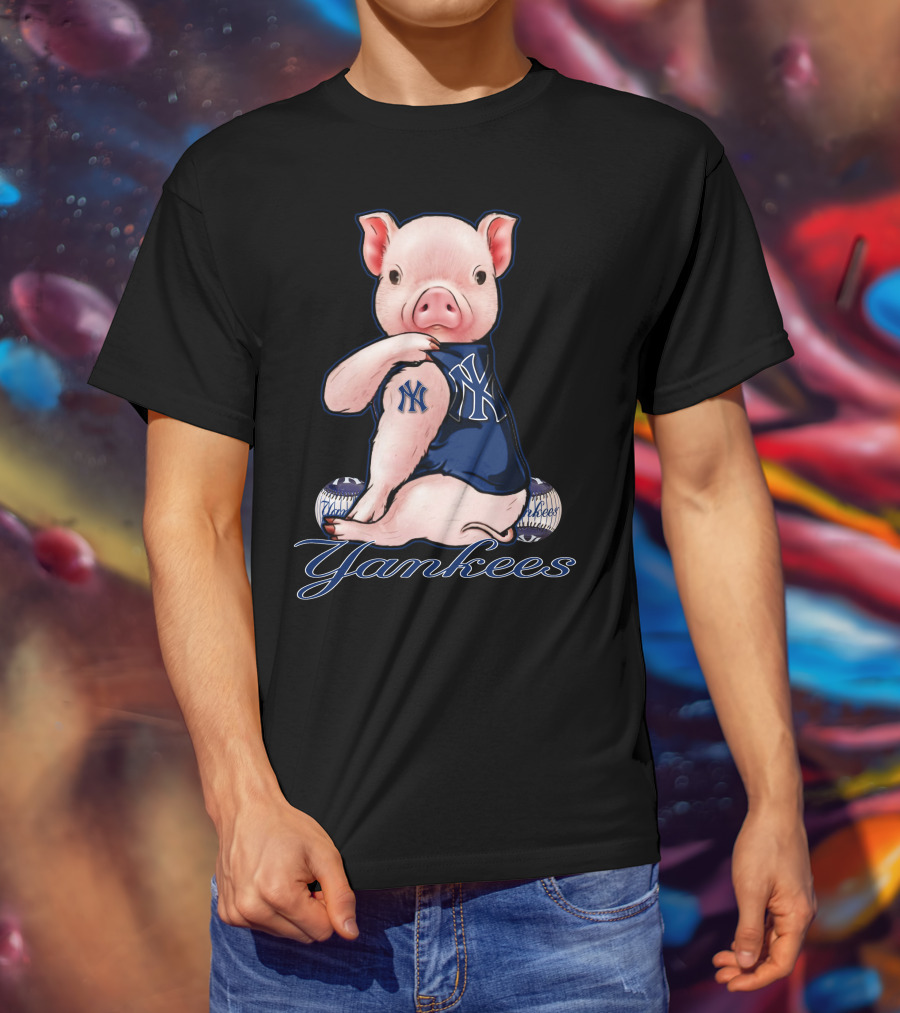 Pig Yankees Baseball Fan With NY Tattoo T-Shirt