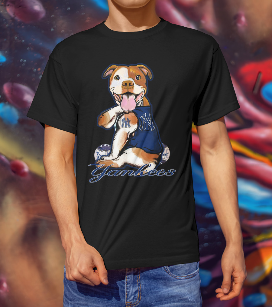 Pittbull Yankees Dog With New York Yankees Baseball Elements T-Shirt