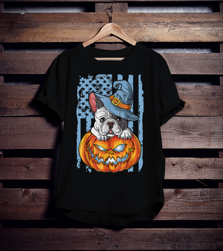 Bulldog With Witch Hat On Jack-o'-Lantern North Carolina Tar Heels Halloween T-Shirt