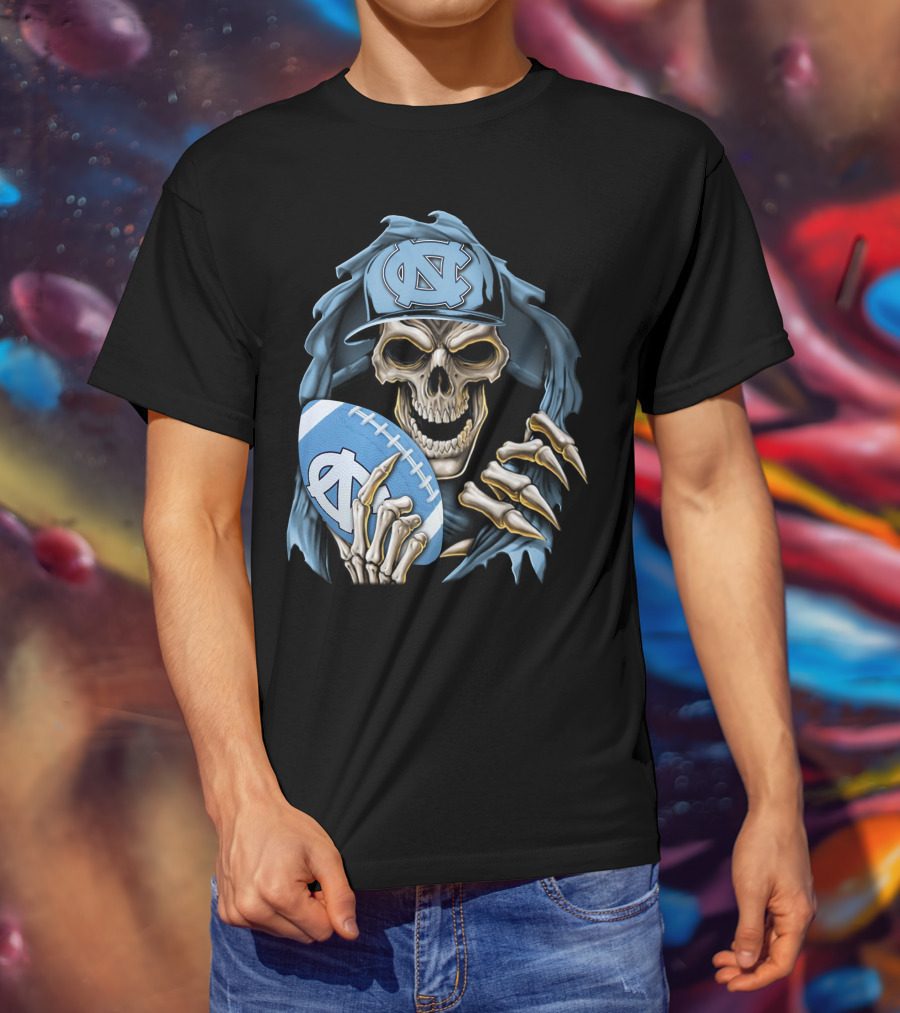 Skullbong North Carolina Tar Heels Skeleton Football Fan With Cap And Ball T-Shirt