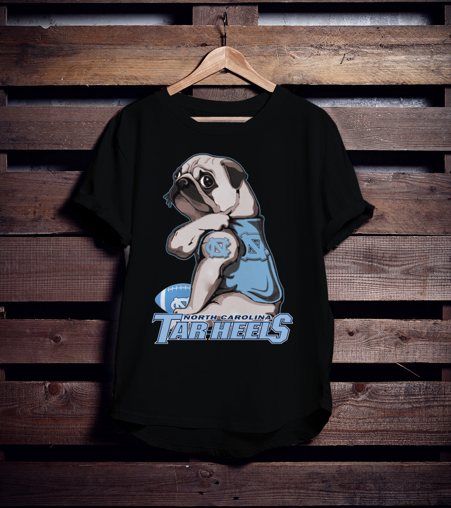 Pug Wearing North Carolina Tar Heels Sports Jersey With Football T-Shirt