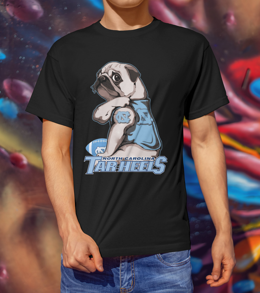 Pug Wearing North Carolina Tar Heels Sports Jersey With Football T-Shirt
