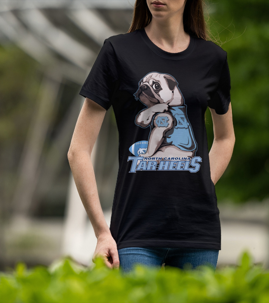 Pug Wearing North Carolina Tar Heels Sports Jersey With Football T-Shirt