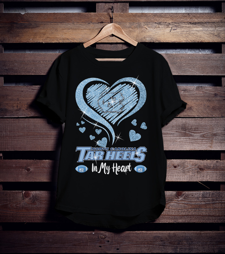 North Carolina Tar Heels In My Heart Sparkling Logo And Footballs T-Shirt