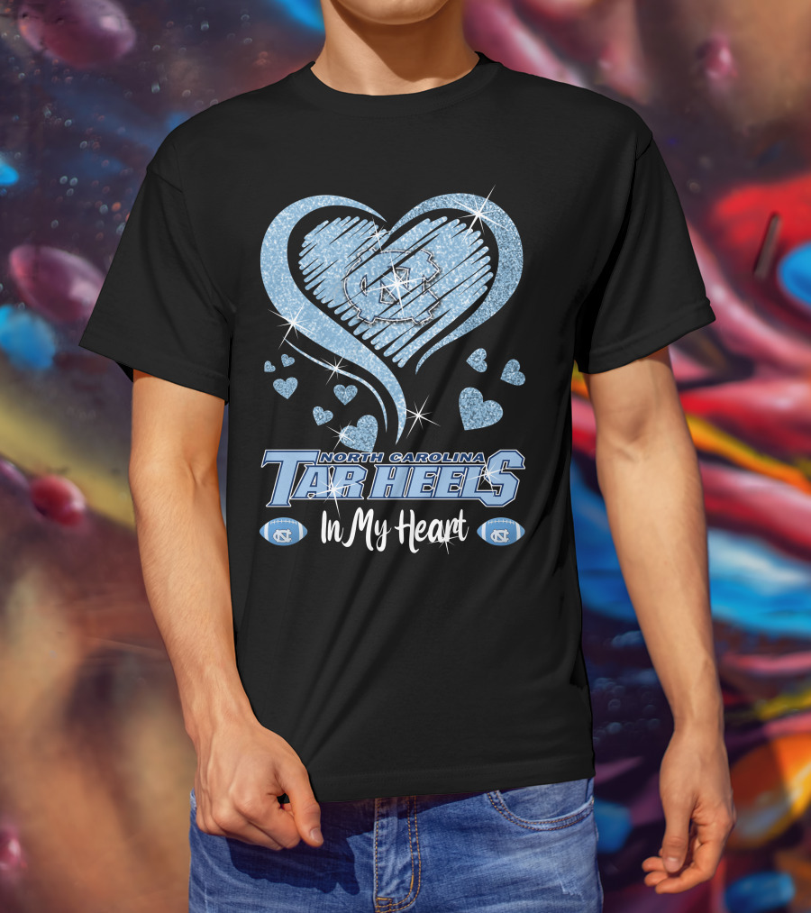 North Carolina Tar Heels In My Heart Sparkling Logo And Footballs T-Shirt