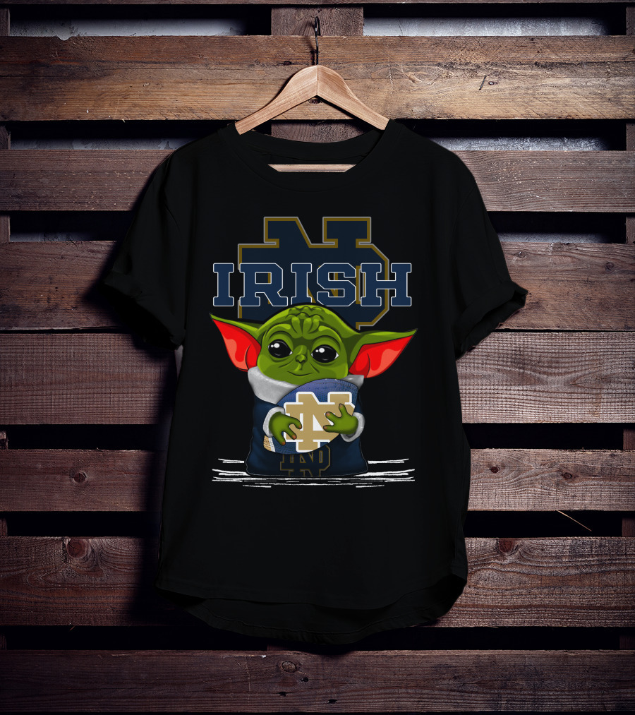 Yoda Notre Dame Irish Baby Holding Notre Dame Football T-Shirt