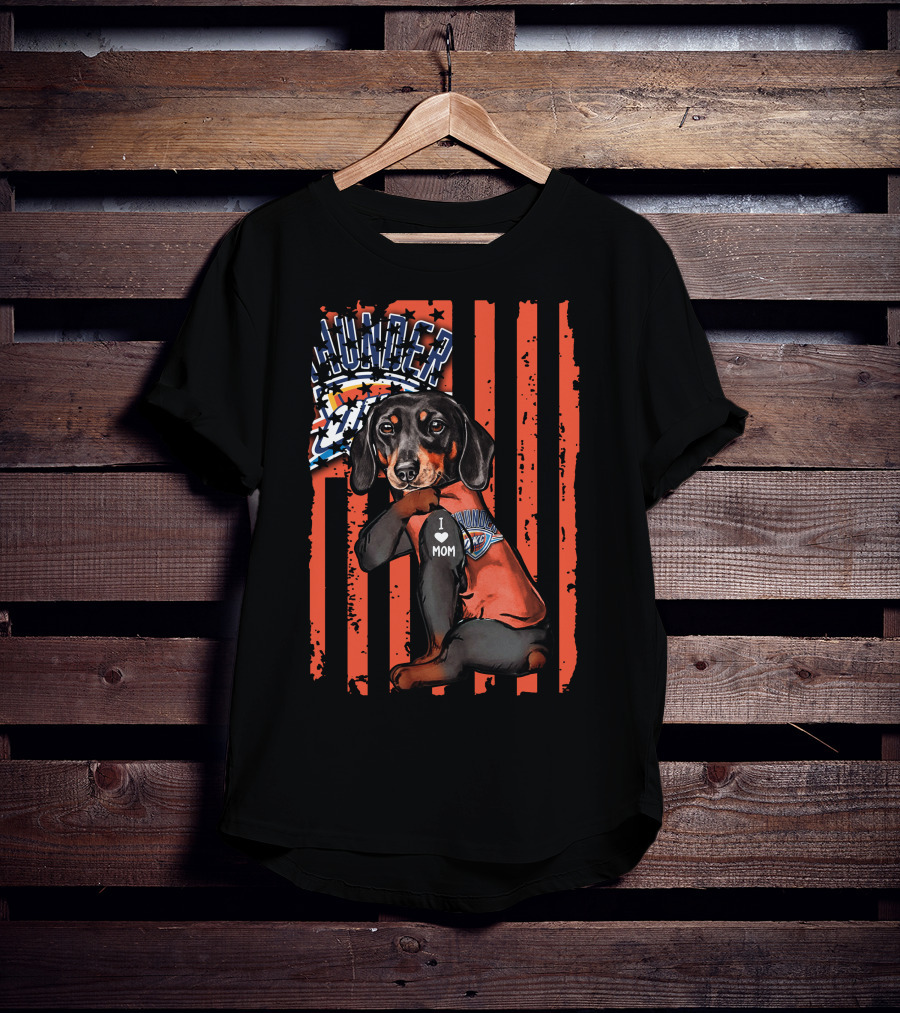 Dachshund Wearing Oklahoma City Thunder Shirt With I Love Mom Tag T-Shirt