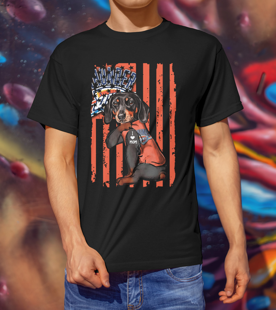 Dachshund Wearing Oklahoma City Thunder Shirt With I Love Mom Tag T-Shirt