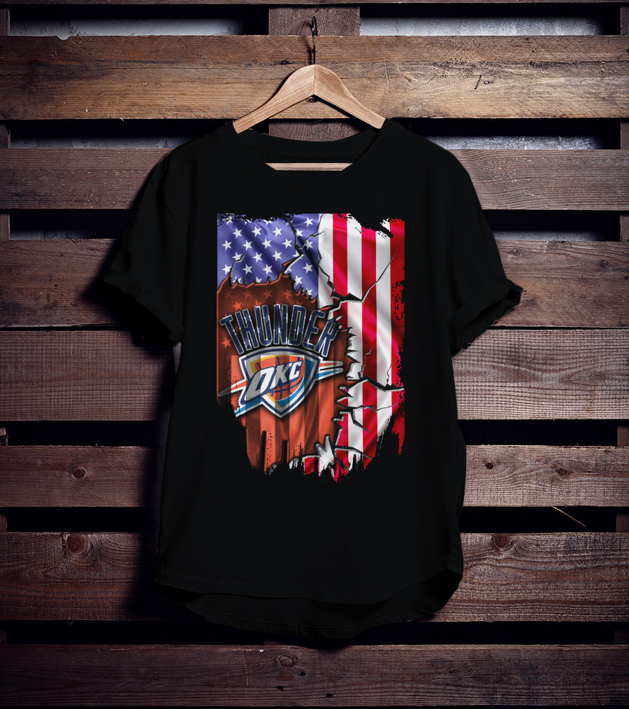 USA Flag Rip With Oklahoma City Thunder OKC Basketball T-Shirt