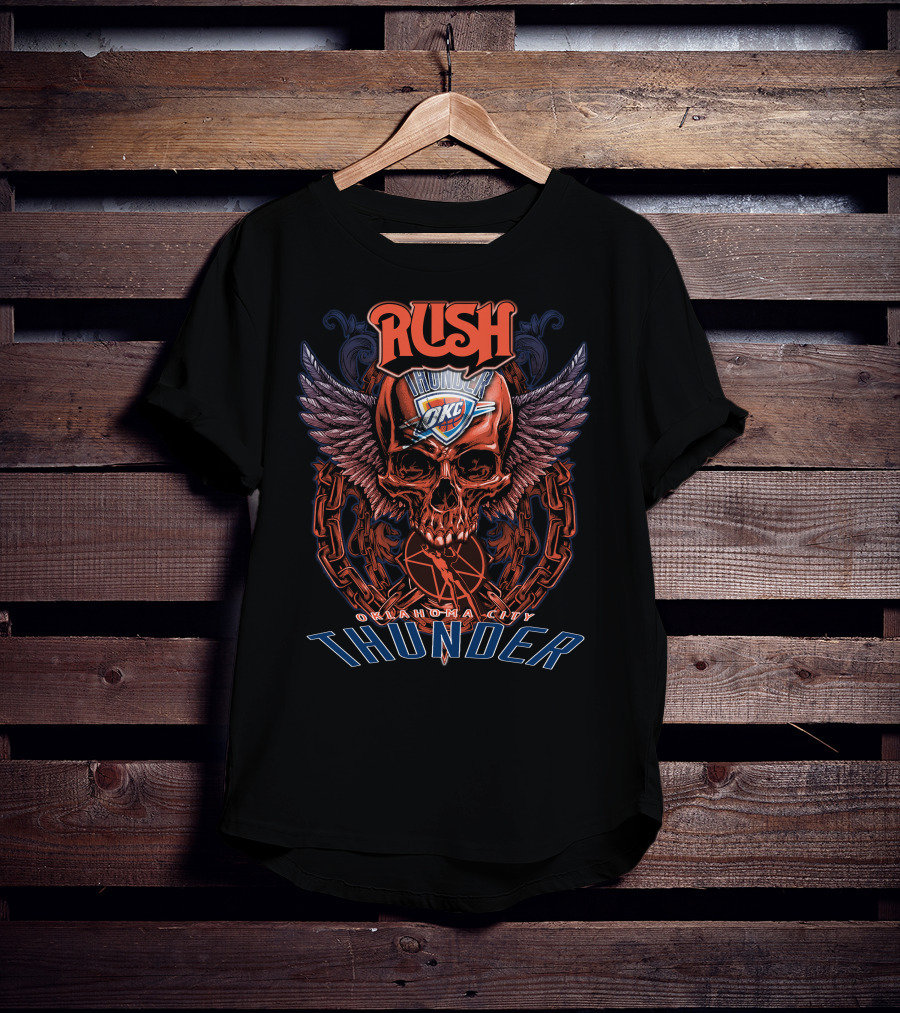 Rush Oklahoma City Thunder OKC Basketball Skull Wings Chain T-Shirt