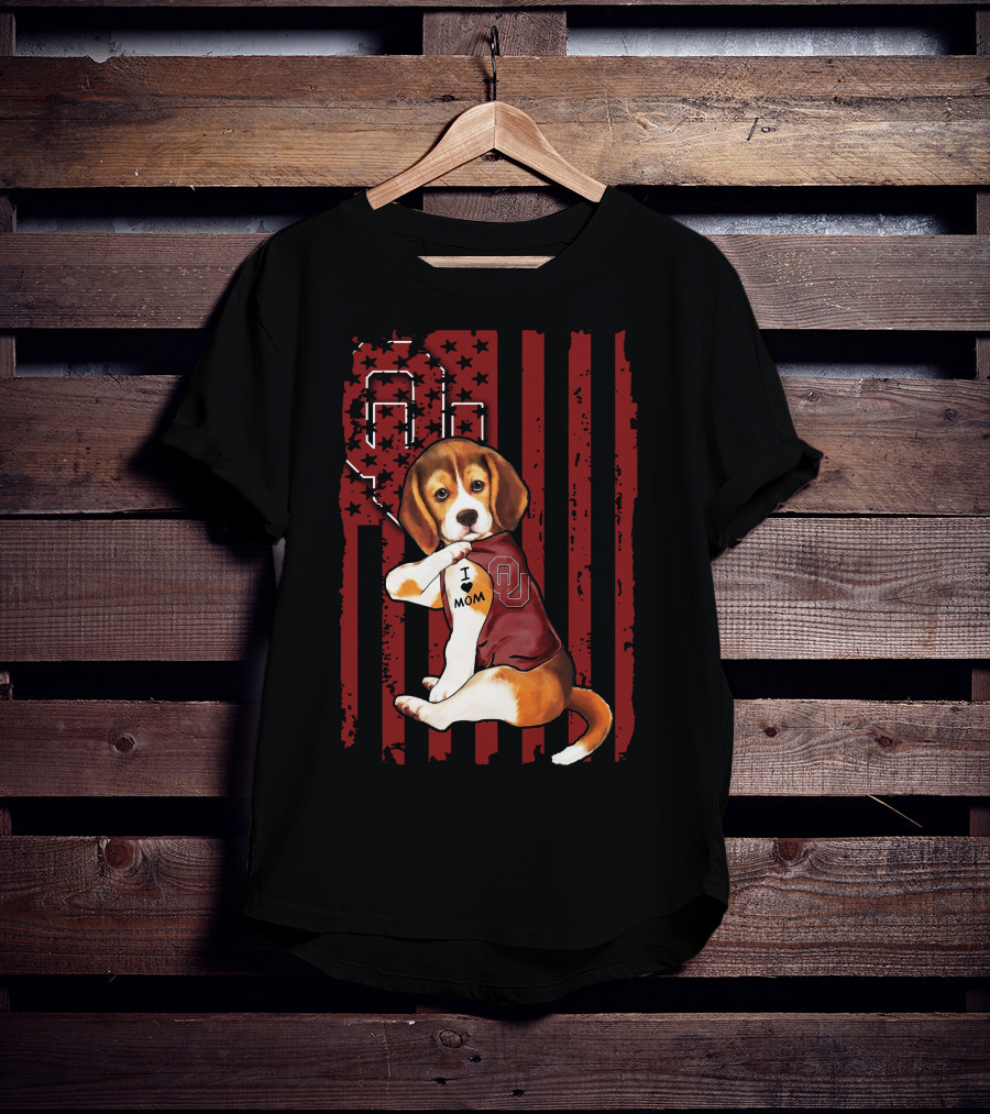 Beagle Puppy I Love Mom Oklahoma Sooners OU Red Stripes Stars T-Shirt