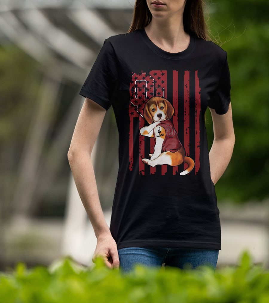 Beagle Puppy I Love Mom Oklahoma Sooners OU Red Stripes Stars T-Shirt