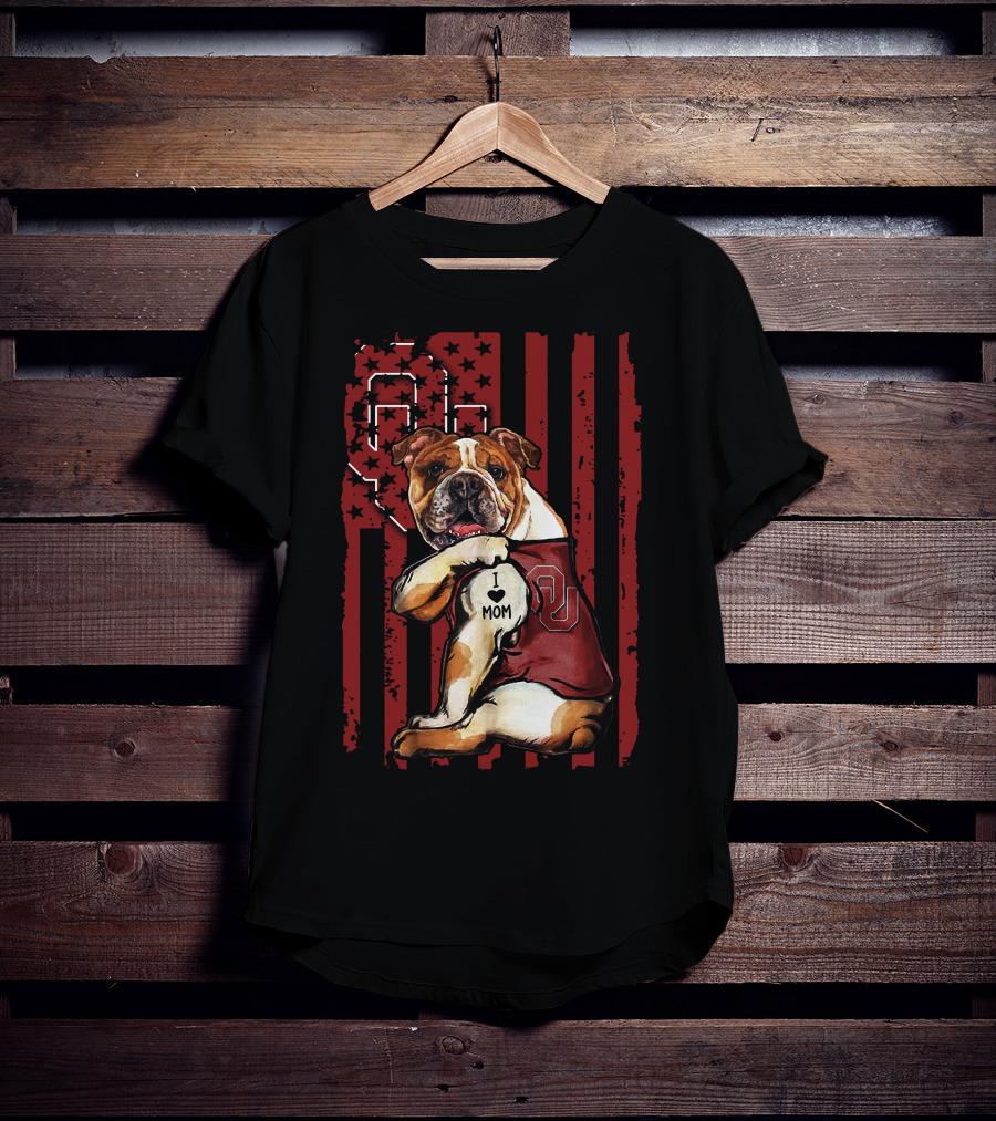 Bulldog With Oklahoma Sooners Love For Mom In American Flag T-Shirt
