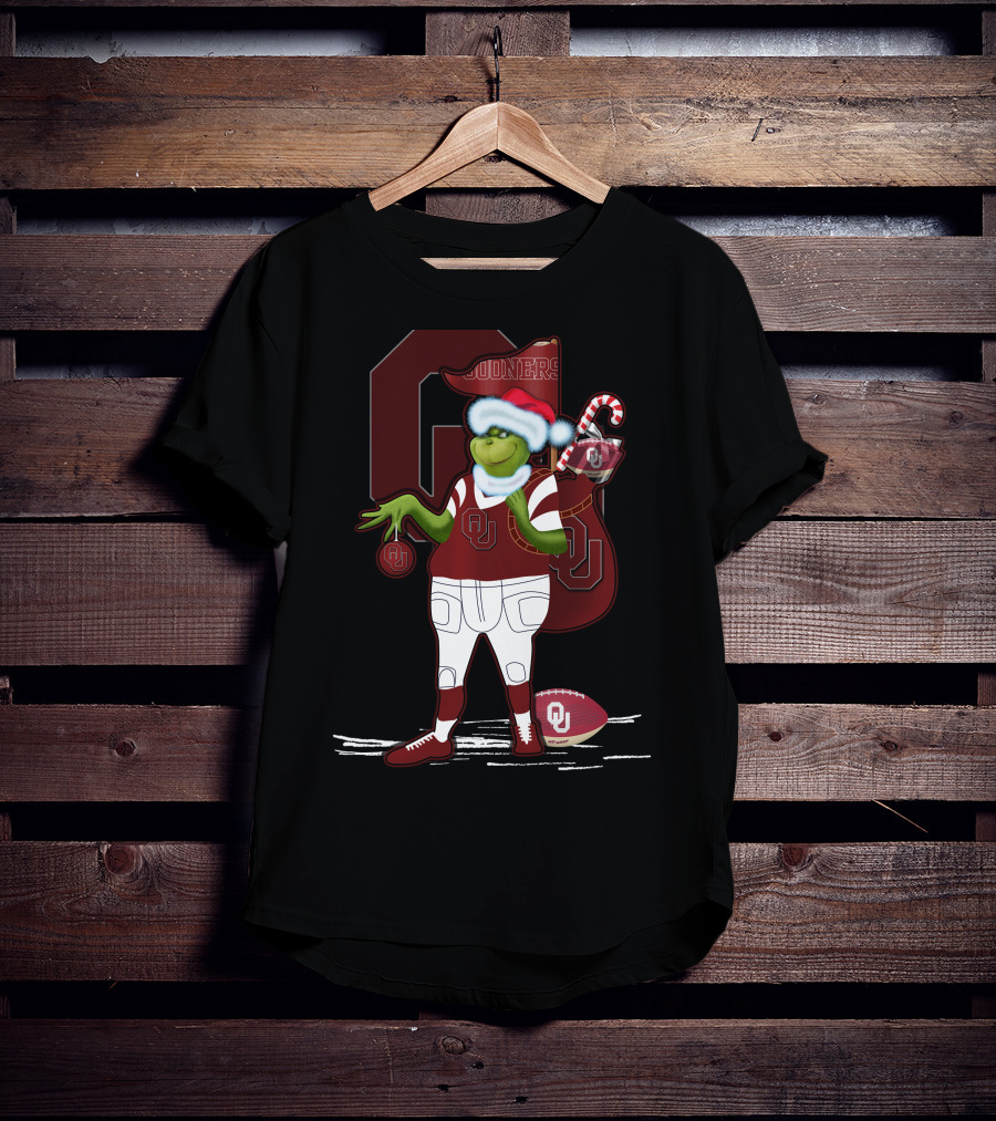 Grinchxmas Oklahoma Sooners Santa Football Sack T-Shirt