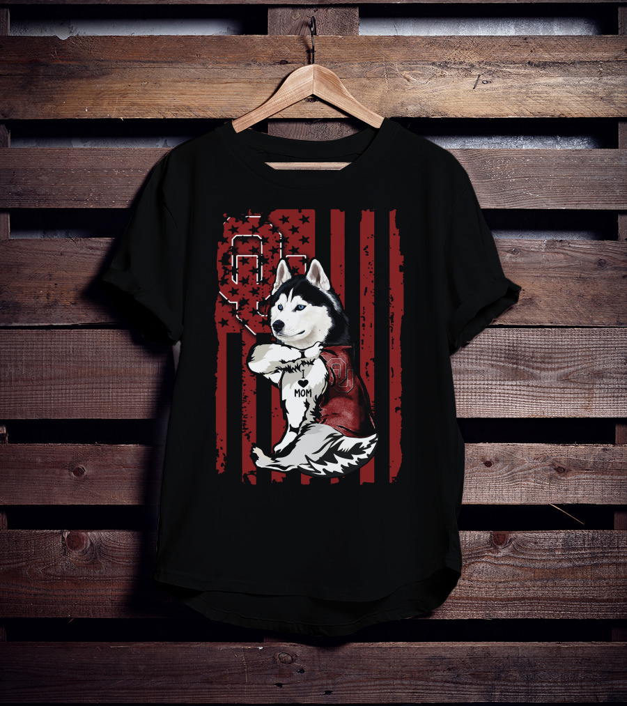 Siberian Husky Oklahoma Sooners Mom With American Flag And OU T-Shirt