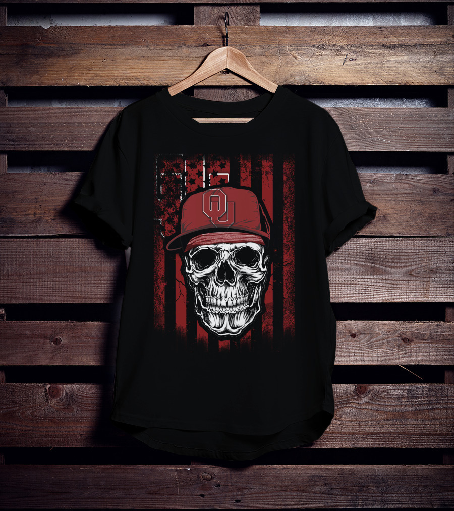 Skull With Oklahoma Sooners OU Cap On Distressed Red And Black Flag Background T-Shirt