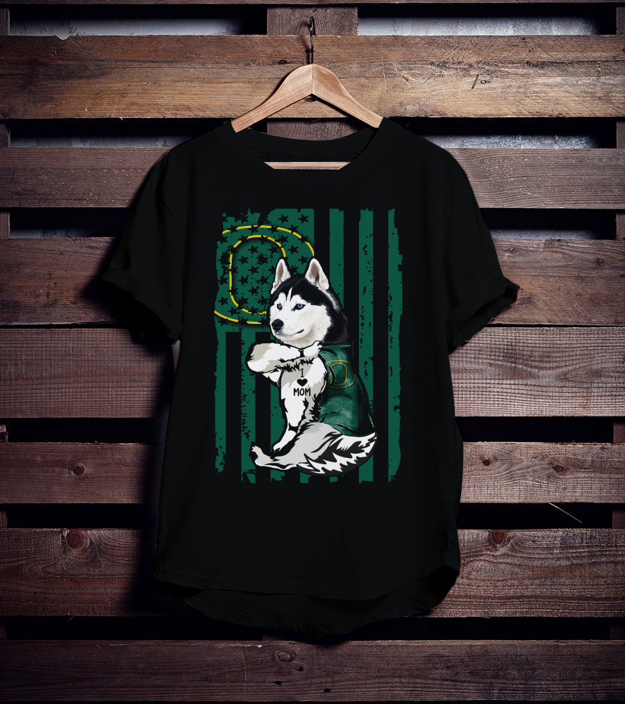 Siberian Husky Oregon Ducks I Love Mom Flag And Stars T-Shirt