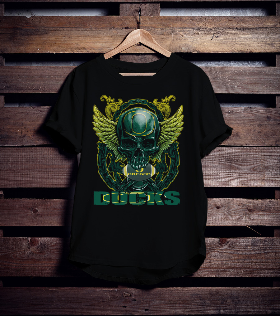 SkullFB Oregon Ducks Football Skull Design With Wings And Chains T-Shirt