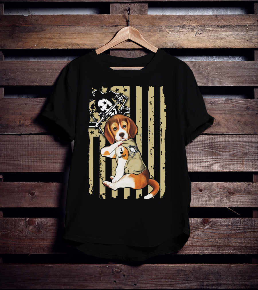 Beagle I Love Mom Pittsburgh Penguins American Flag T-Shirt