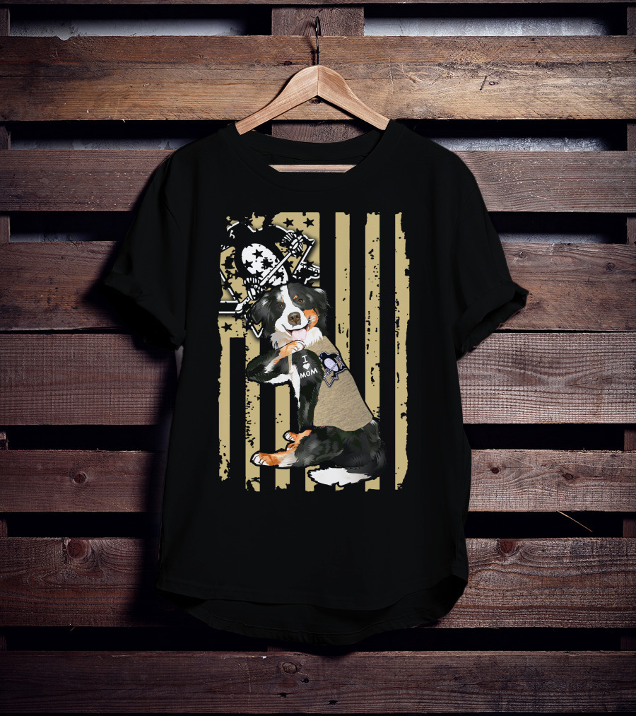 Border Collie I Love Mom Pittsburgh Penguins Background T-Shirt