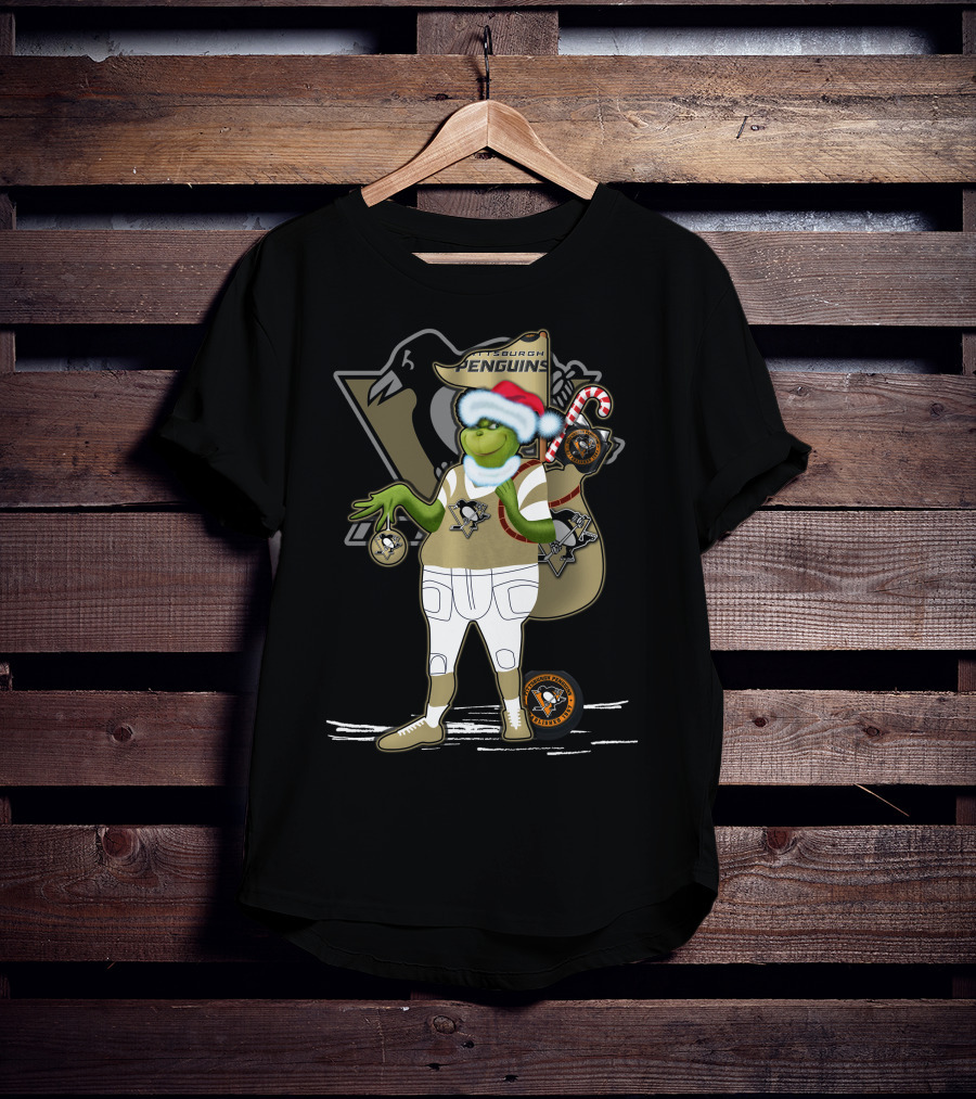Grinchxmas Pittsburgh Penguins Holiday Mashup With Logo And Santa Hat T-Shirt