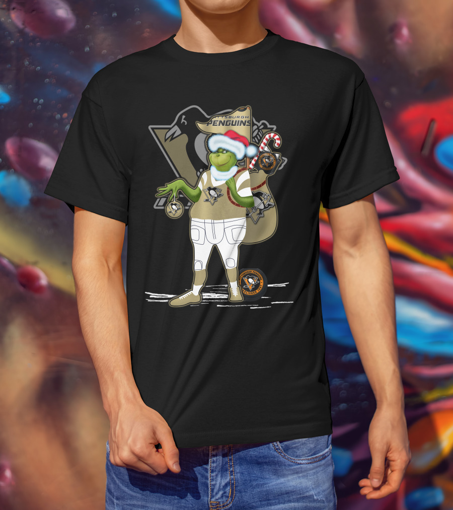 Grinchxmas Pittsburgh Penguins Holiday Mashup With Logo And Santa Hat T-Shirt
