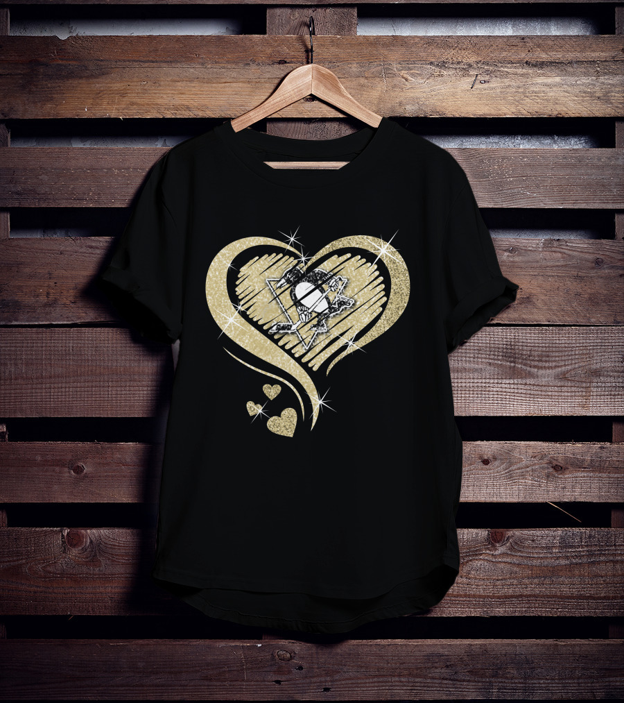 Heart Diamond Pittsburgh Penguins Logo Gold Sparkle T-Shirt