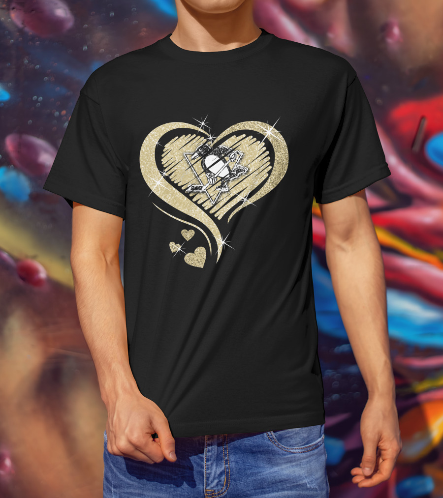 Heart Diamond Pittsburgh Penguins Logo Gold Sparkle T-Shirt