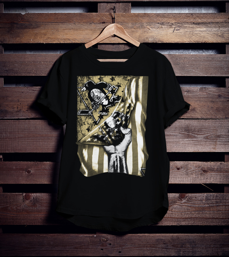 Pittsburgh Penguins Logo With American Flag And Raised Fist T-Shirt
