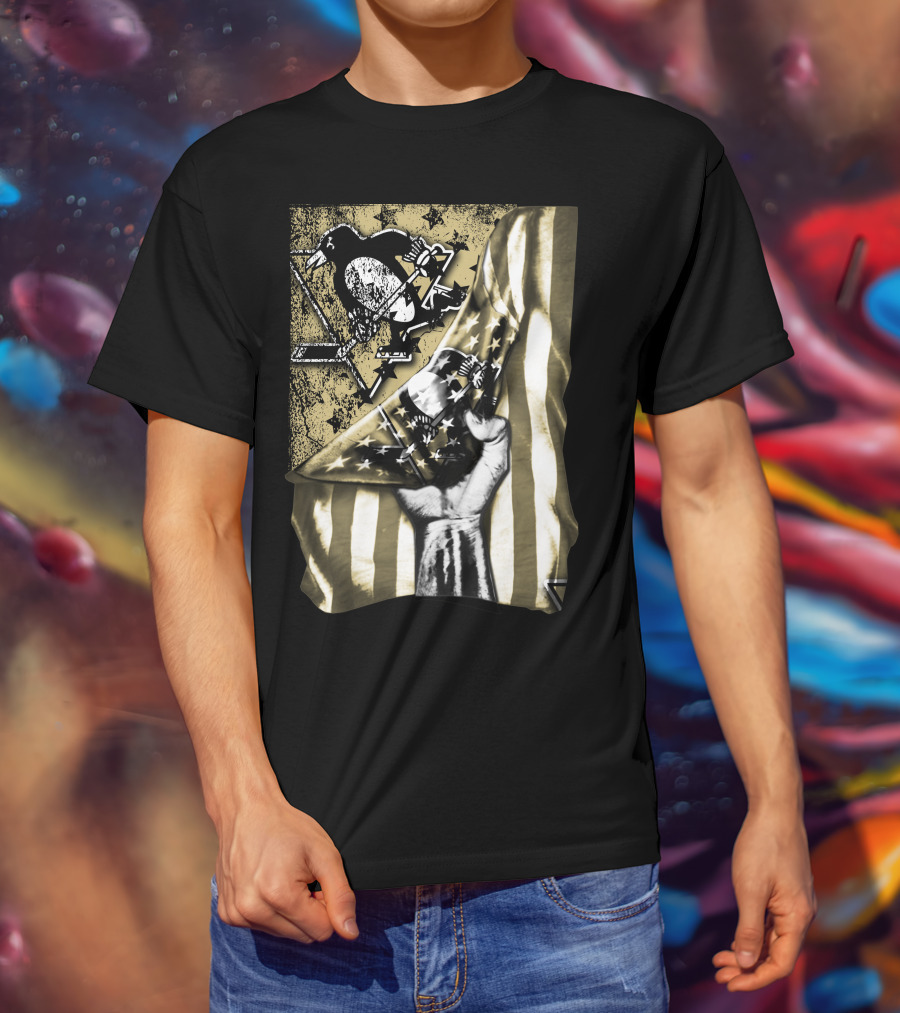 Pittsburgh Penguins Logo With American Flag And Raised Fist T-Shirt