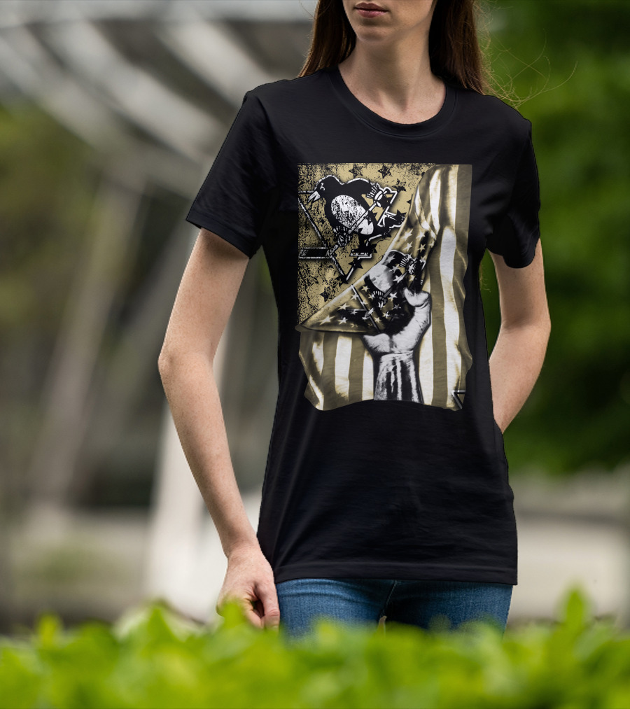 Pittsburgh Penguins Logo With American Flag And Raised Fist T-Shirt