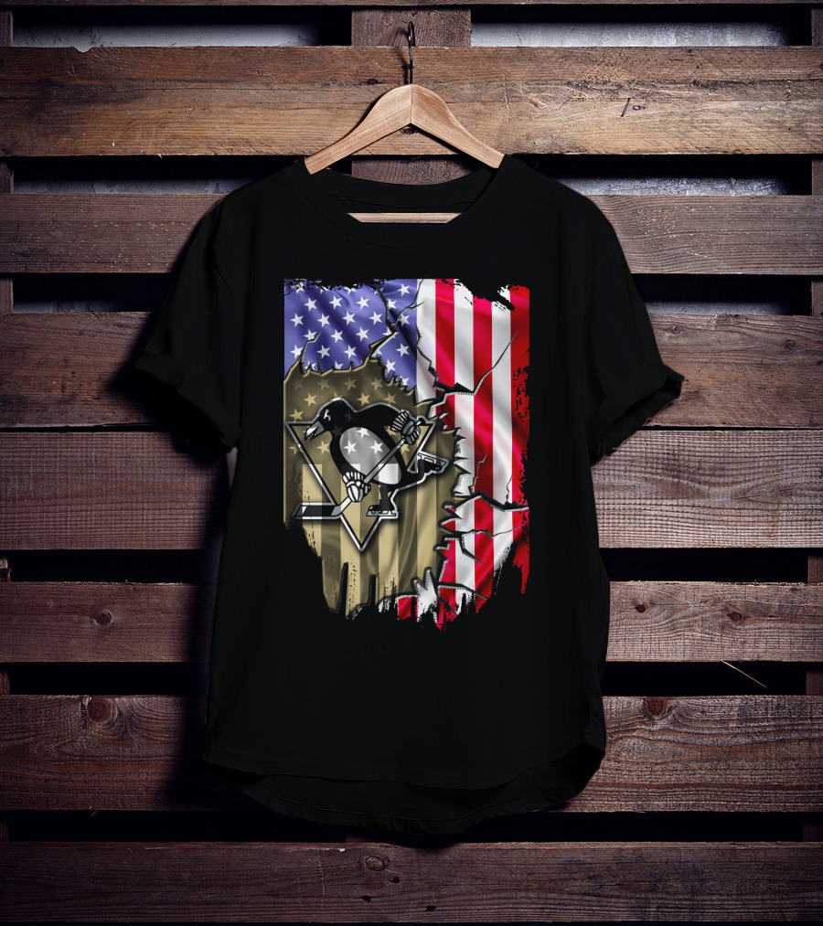 Pittsburgh Penguins American Flag Ripped Background T-Shirt