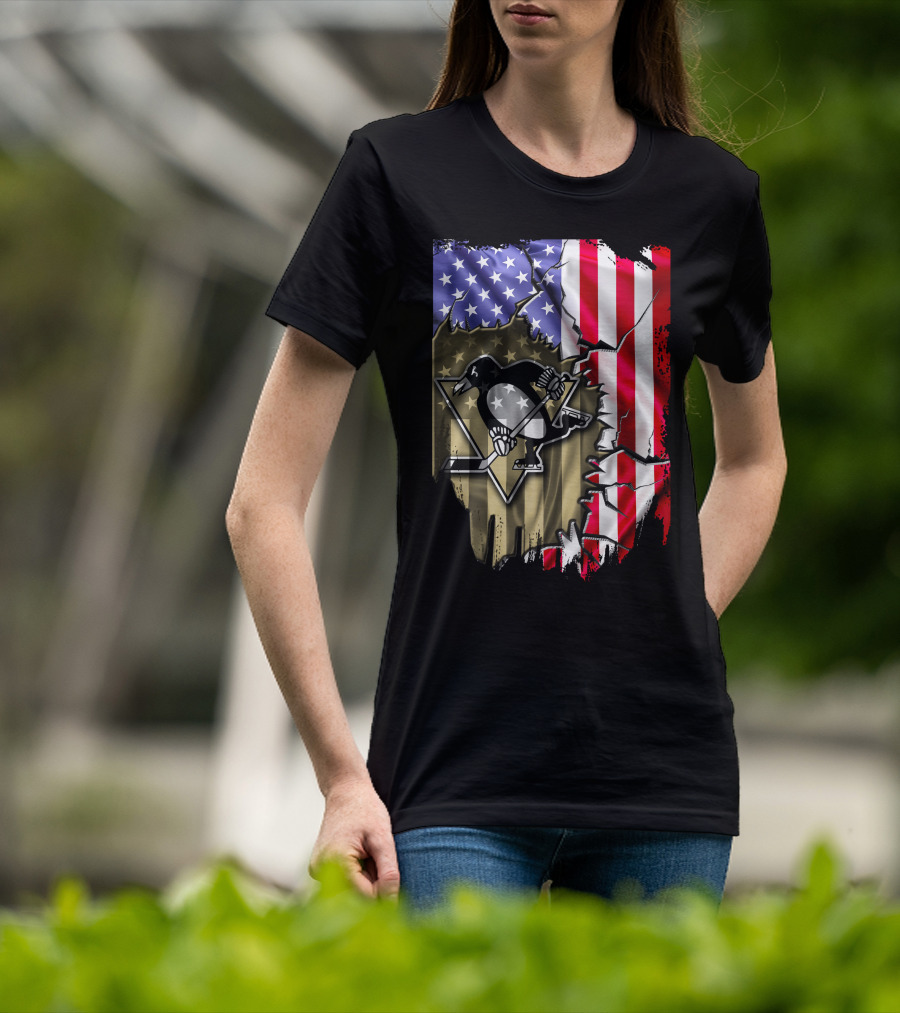 Pittsburgh Penguins American Flag Ripped Background T-Shirt
