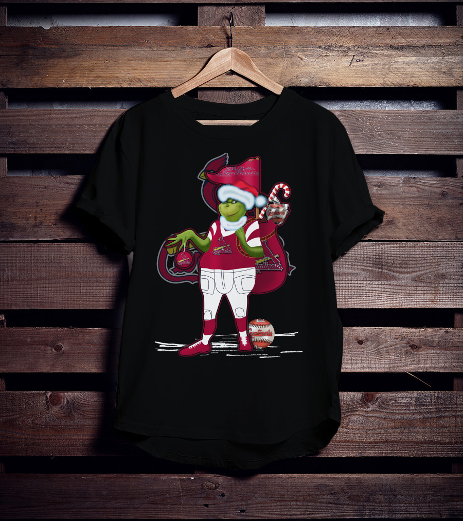 Grinchmas St. Louis Cardinals Christmas Baseball Character With Candy Cane And Baseball Gear T-Shirt