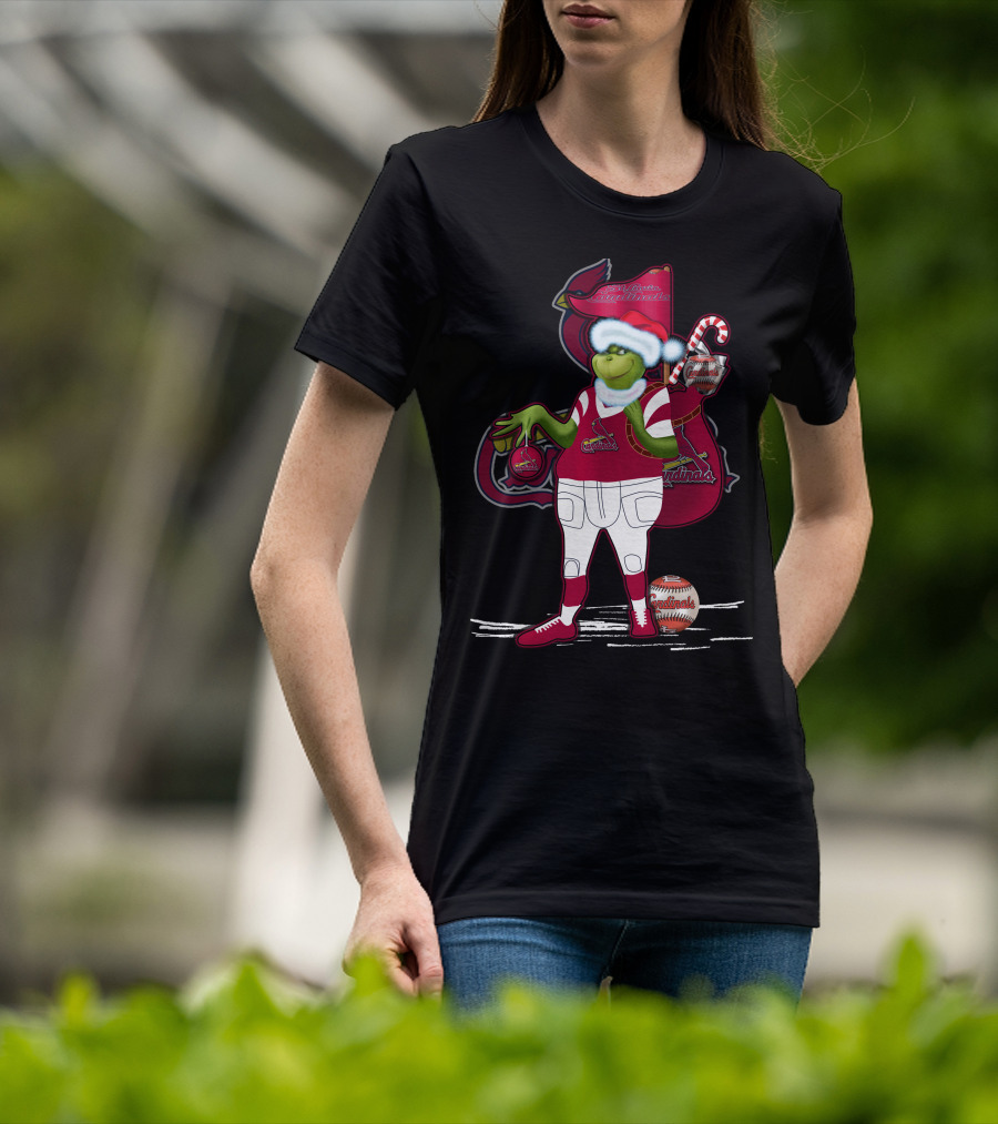 Grinchmas St. Louis Cardinals Christmas Baseball Character With Candy Cane And Baseball Gear T-Shirt