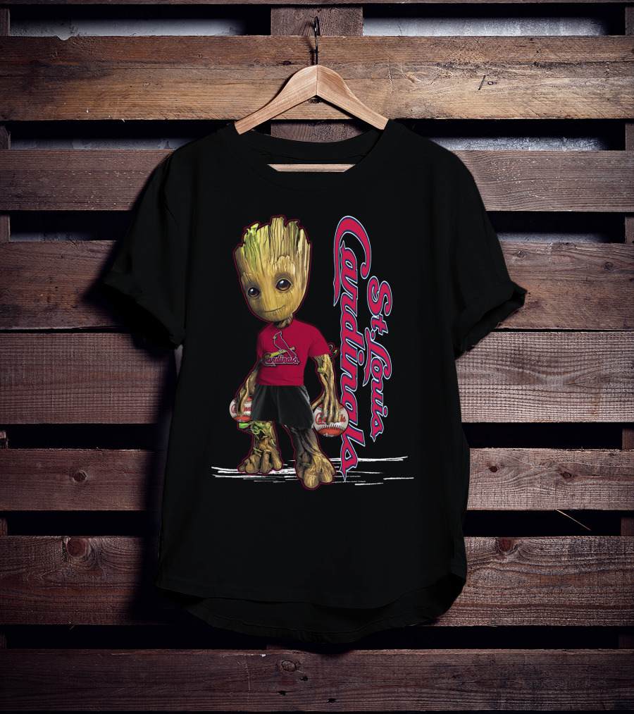 Groot St. Louis Cardinals Baseball Fan Character With Team Logo And Baseballs T-Shirt