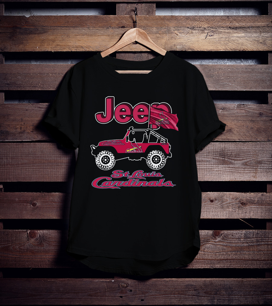 Jeep St. Louis Cardinals Logo With Red Off-Road Vehicle And Flag T-Shirt